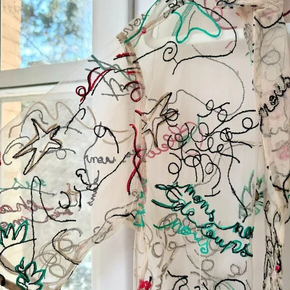 Aritzia Babaton Sheer Abstract Print Button Down Short Sleeve Shirt Embroidered - Picture 3 of 9